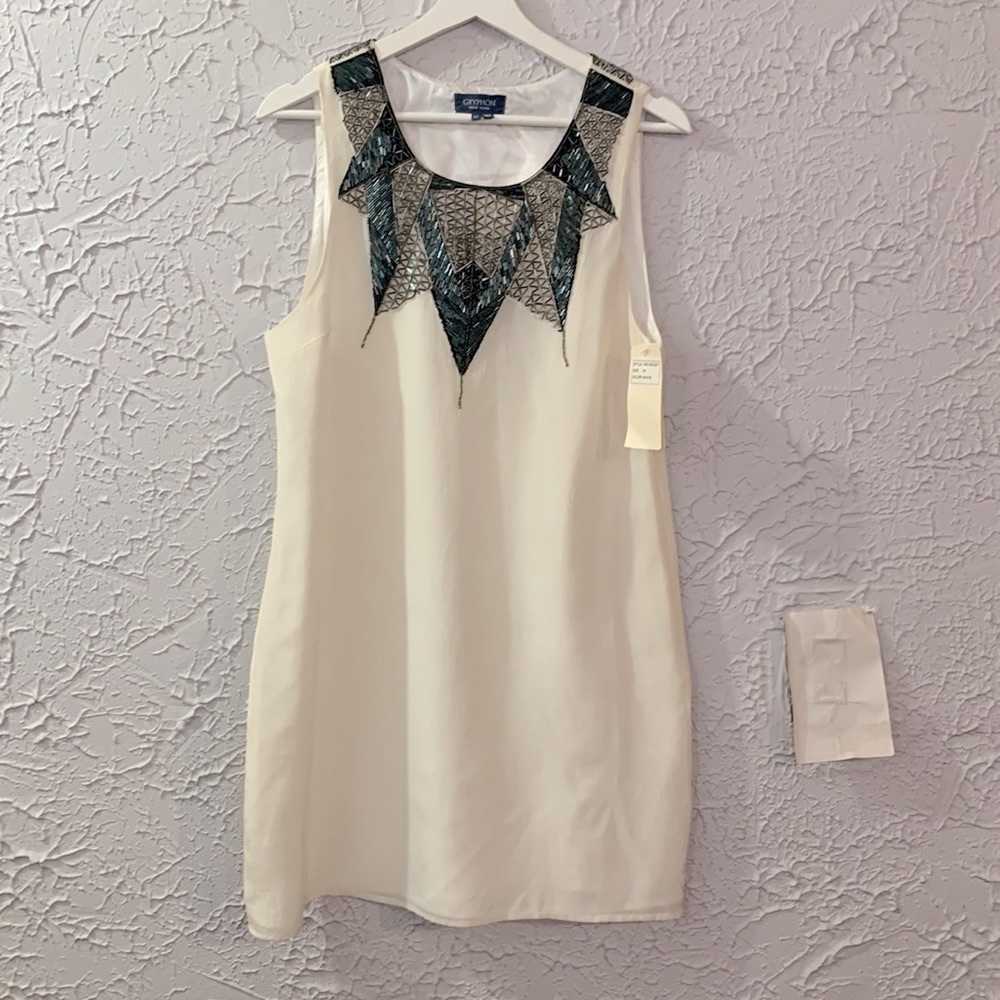 Gryphon NEW 100% Silk Cocktail Dress White Medium Beaded Neckline Flirty Party - Picture 3 of 12